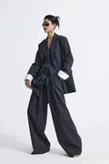 Grey Striped Vest Wide Leg Three Piece Set