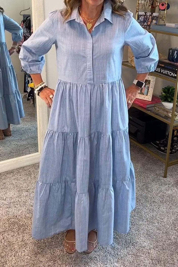 Collared Button Front Tiered Elastic Cuff Long Sleeve Midi Shirt Dress
