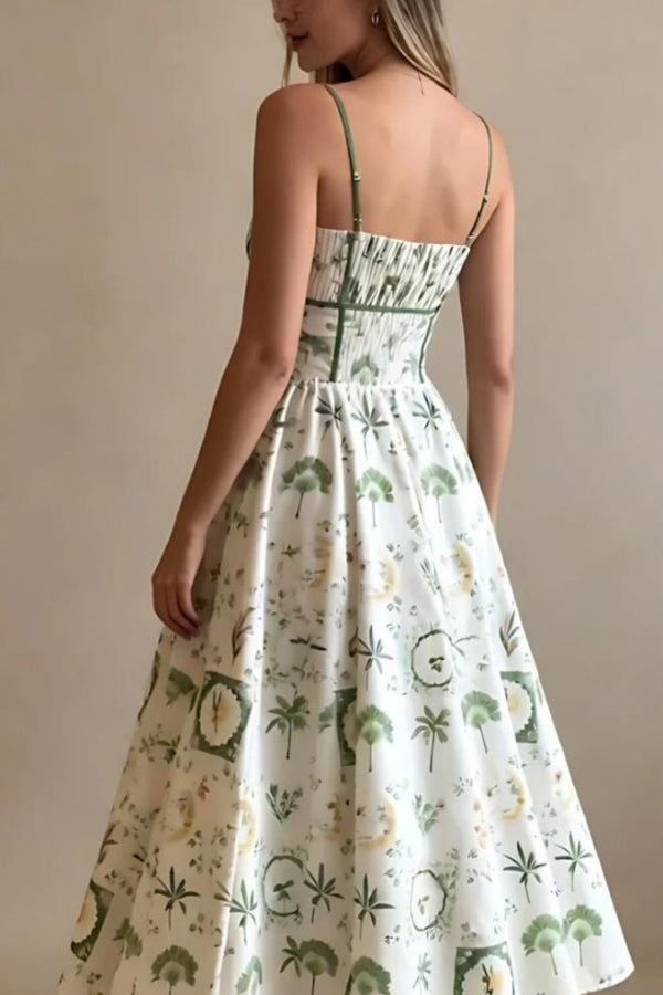 Unique Printed Thin-strapped Pleated Waist Casual Maxi Dress