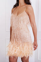 Sequin Fringe Feather Hem Spaghetti Strap Mini Dress