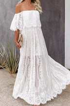 Lace Off Shoulder Flutter Sleeve Ruffled Panel Maxi Dress