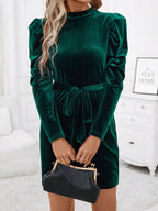 Noemí Timeless Mini Dress with Stand Up Collar, Tie Waist and Puff Sleeves Premium Wardrobe Essential