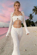 Sequin Crochet Halter Crop Top and Distressed Fringe Mini Skirt Set