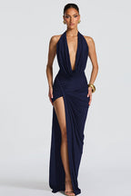 Halter Neck Deep V-Neck Cowl Draped Ruched Hip Knot High Split Maxi Dress