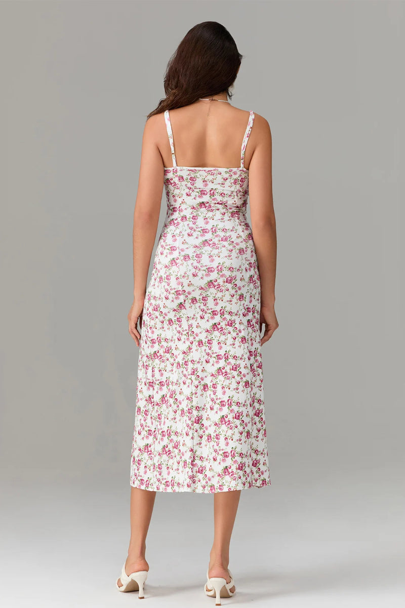 Floral Print Sweetheart Lace Trim Spaghetti Strap High Split Midi Dress
