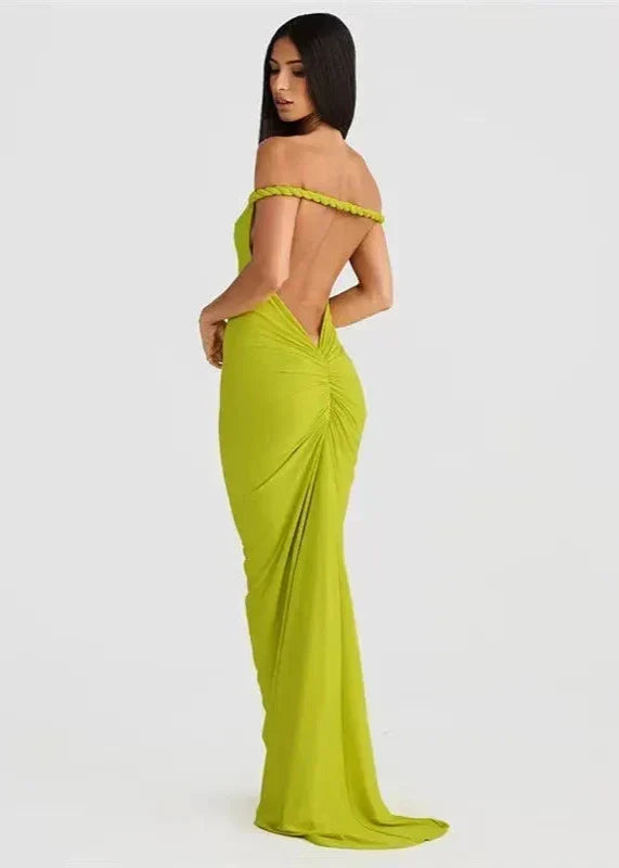 One-Shoulder Twisted Strap Folded Neckline Bodycon Maxi Dress