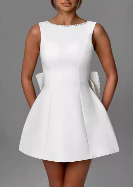 Boat Neck Pearl Trim Structured Pleated Bow Back Fit and Flare Mini Dress