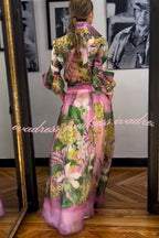 Seeds of Happiness Tulle Floral Print Balloon Sleeve Belt Blouse