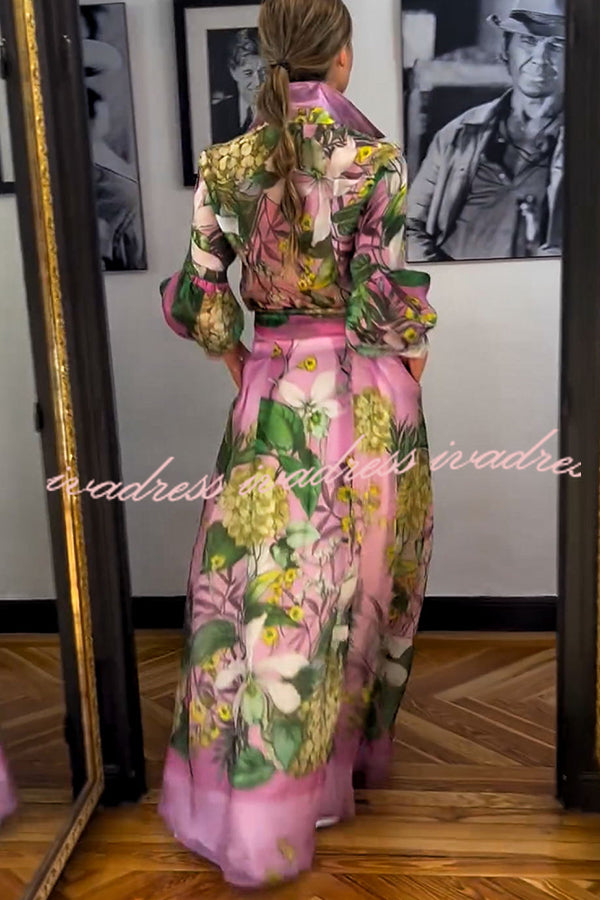 Seeds of Happiness Tulle Floral Print Balloon Sleeve Belt Blouse