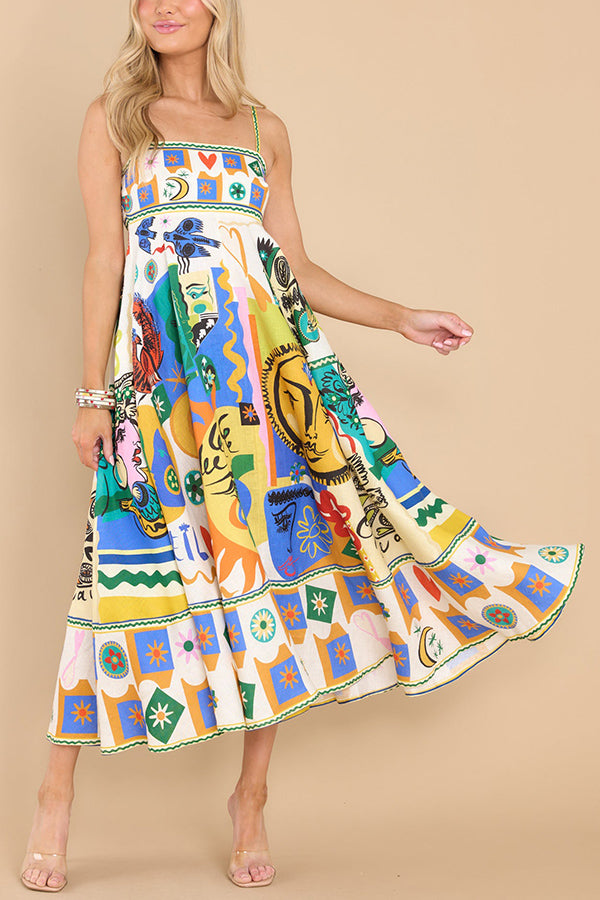 Graphic Print Square Neck Spaghetti Strap Pocket A-Line Maxi Dress
