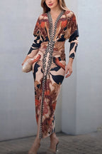 Brazilian Style Unique Print Dolman Long Sleeve Ruched Slit Midi Dress  Vestidos