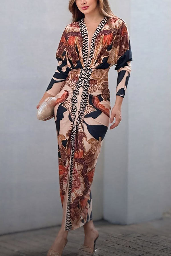 Brazilian Style Unique Print Dolman Long Sleeve Ruched Slit Midi Dress  Vestidos