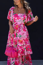 Floral Print Square Neck Cape Sleeve Cut Out Waist Tiered Maxi Dress