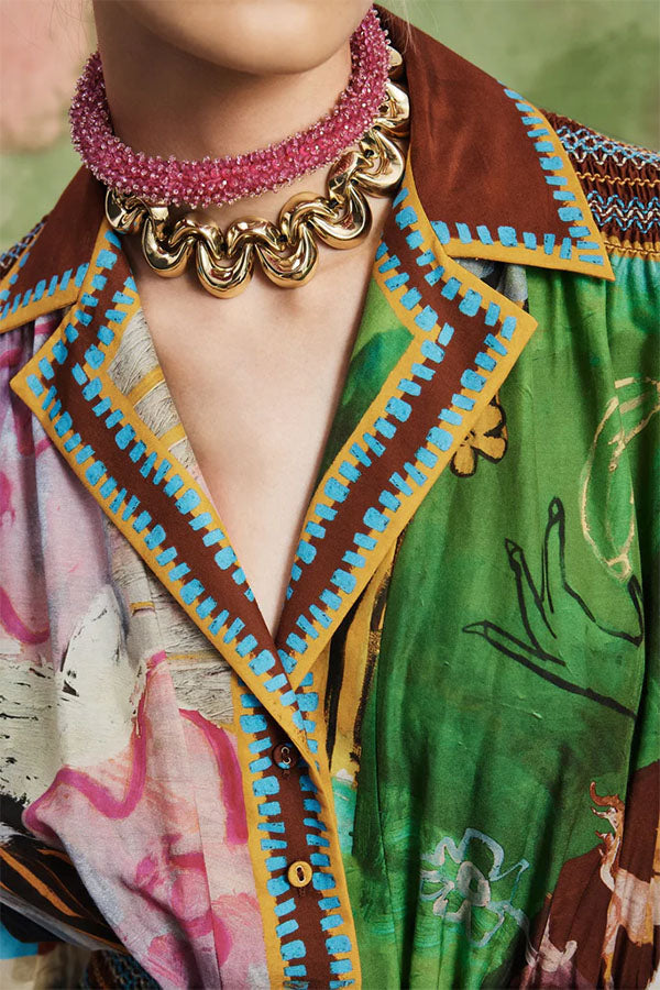 Vintage-Style Multi-Color Print Shirt Maxi Dress