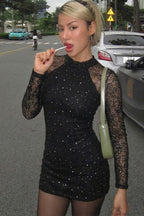 Black Turtleneck Long Sleeve Lace Rhinestone Bodycon Mini Dress