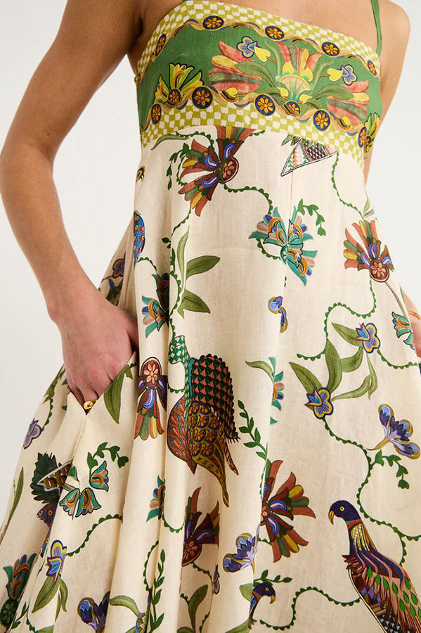 Bird Print Border Hem Spaghetti Strap Fit and Flare Pocket Maxi Dress