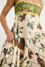 Bird Print Border Hem Spaghetti Strap Fit and Flare Pocket Maxi Dress