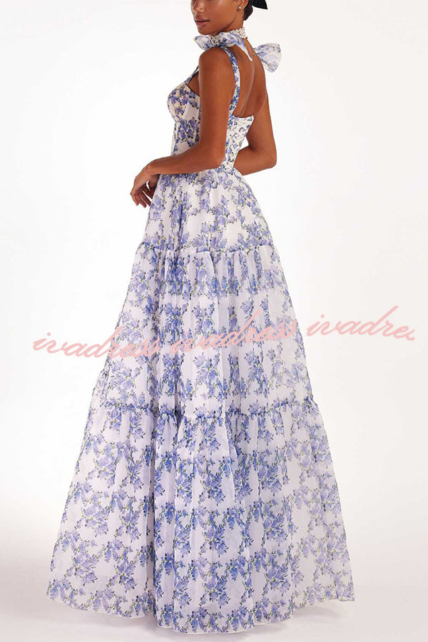 Fairytale Itself Organza Floral Print Tie Strap Maxi Dress
