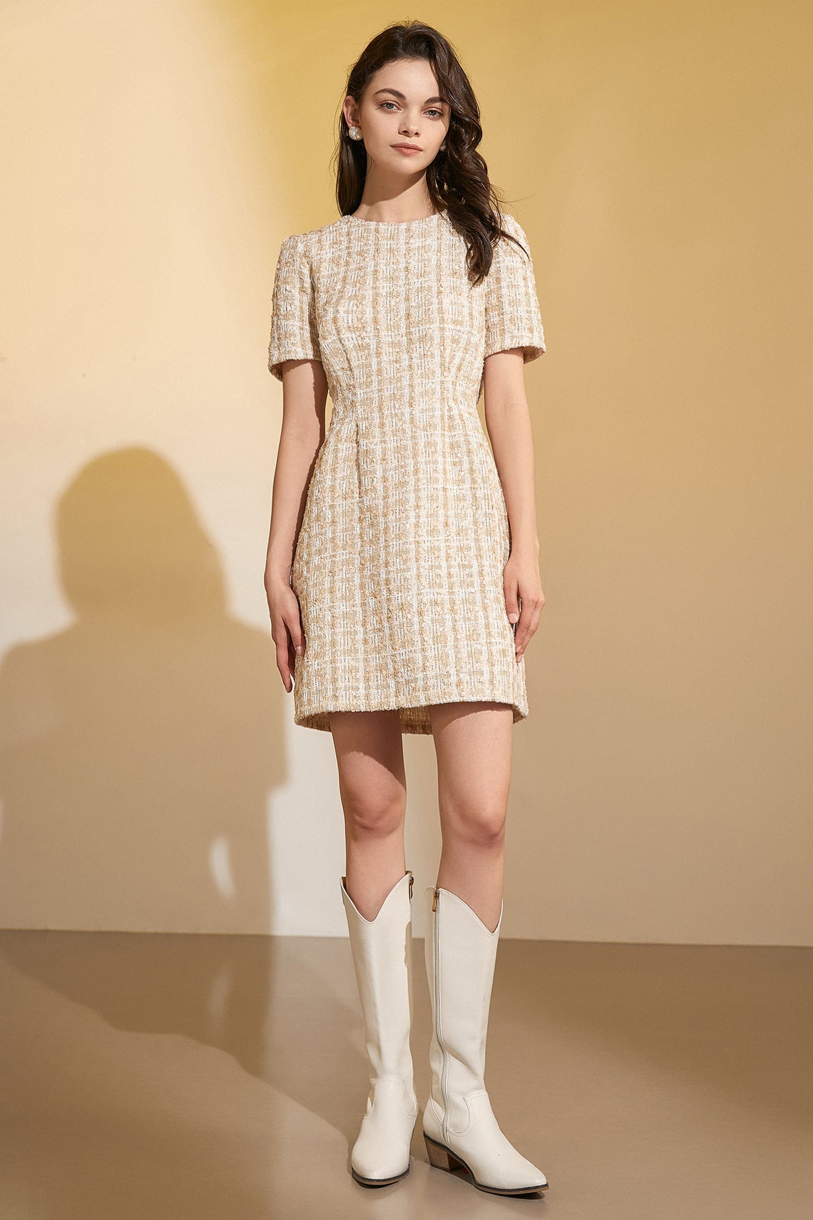 Tweed Grid Pattern Short Sleeve Crew Neck A-Line Mini Dress