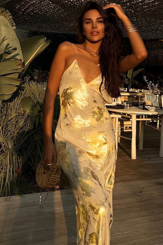 Metallic Foil Print Spaghetti Strap Deep V-Neck Slip Maxi Dress
