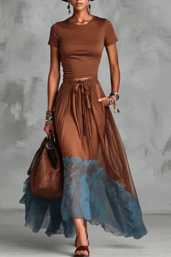 Stylish Round Neck Short-sleeved Fitted Top and Elastic Waist Pockets Lace Hem Maxi Skirt Set