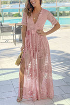 Mesh Floral Embroidery Deep V-Neck Ladder Lace Flutter Sleeve High Split Maxi Dress