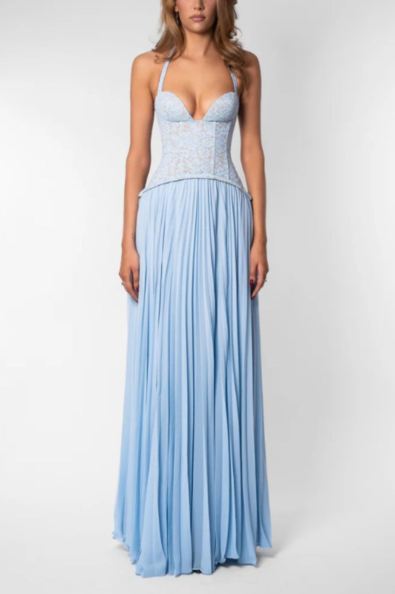 Halter Deep V Neck Lace Bodice Accordion Pleated Maxi Dress