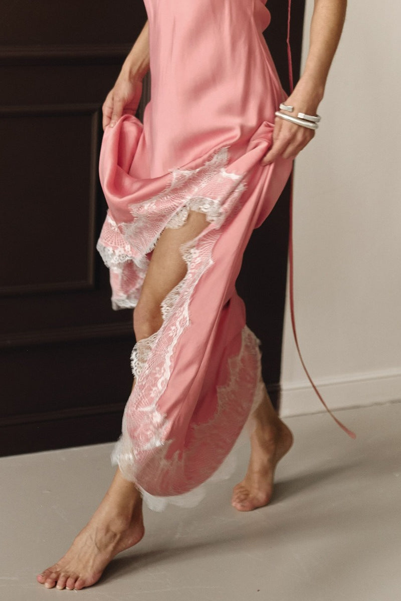 Satin Lace Trim Spaghetti Strap Deep V-Neck High Split Maxi Slip Dress