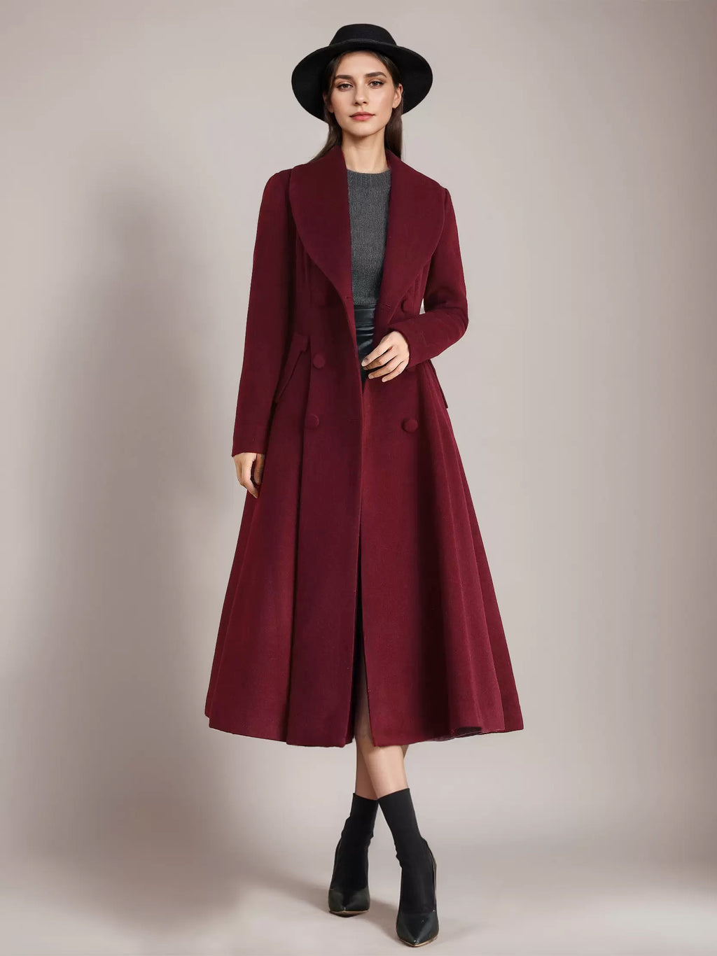 Burgundy Woolen Flared Coat Vintage Shawl Collar Double-breasted Winter A-line Outerwear For Women 2026