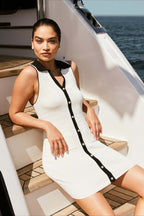 Sleeveless Ribbed Knit Lapel Collar Button Front Pocket Mini Dress