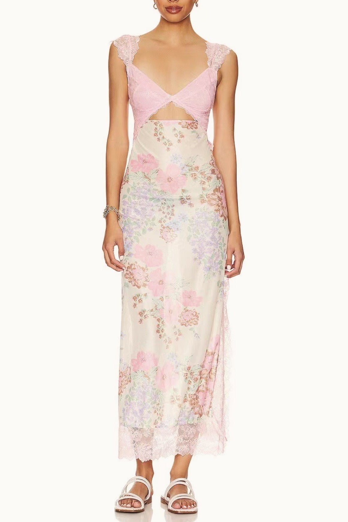 Sweetheart Lace Cap Sleeve Triangle Cutout Floral Print Bodycon Midi Dress