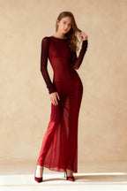 Long Sleeve Lace Up Open Back Sheer Mesh Maxi Dress