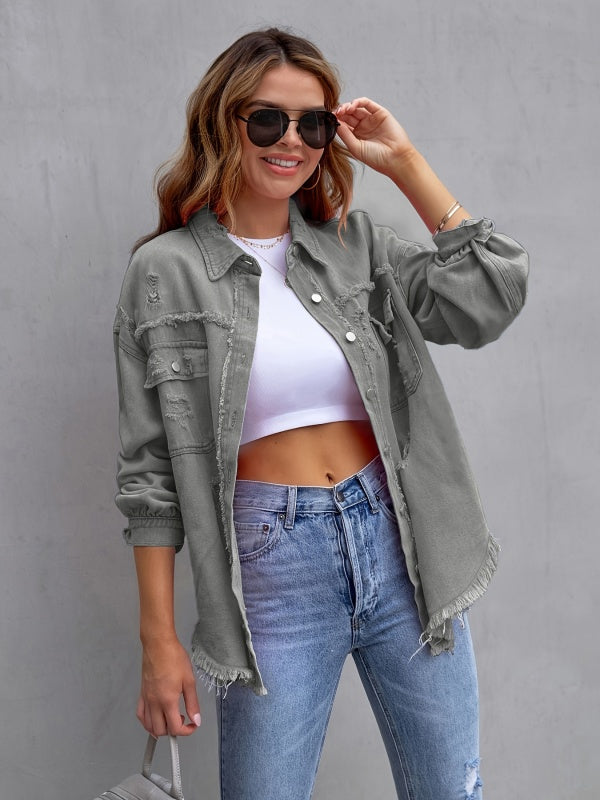 Multicolor Raw Hem Denim Jacket