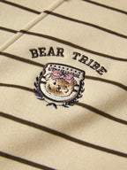 Stripe Print Bear Embroidery Shirt Neck Oversized Hoodie