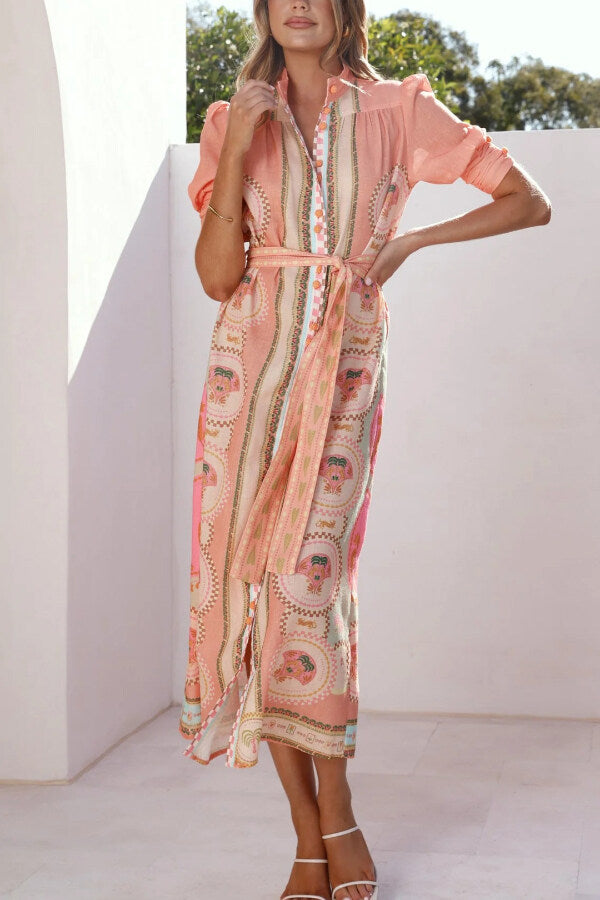 Unique Printed Puff Sleeve Button Lace Up Vacation Maxi Dress