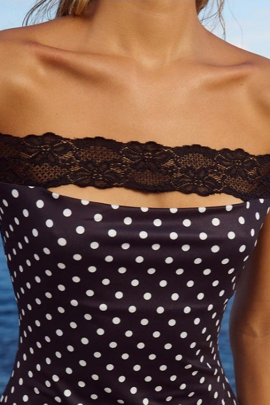 Polka Dot Off Shoulder Lace Band Cut Out Bodycon Mini Dress