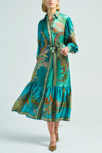 Paisley Print Lantern Sleeve Lace Up Belted Ruffle Hem Midi Shirt Dress