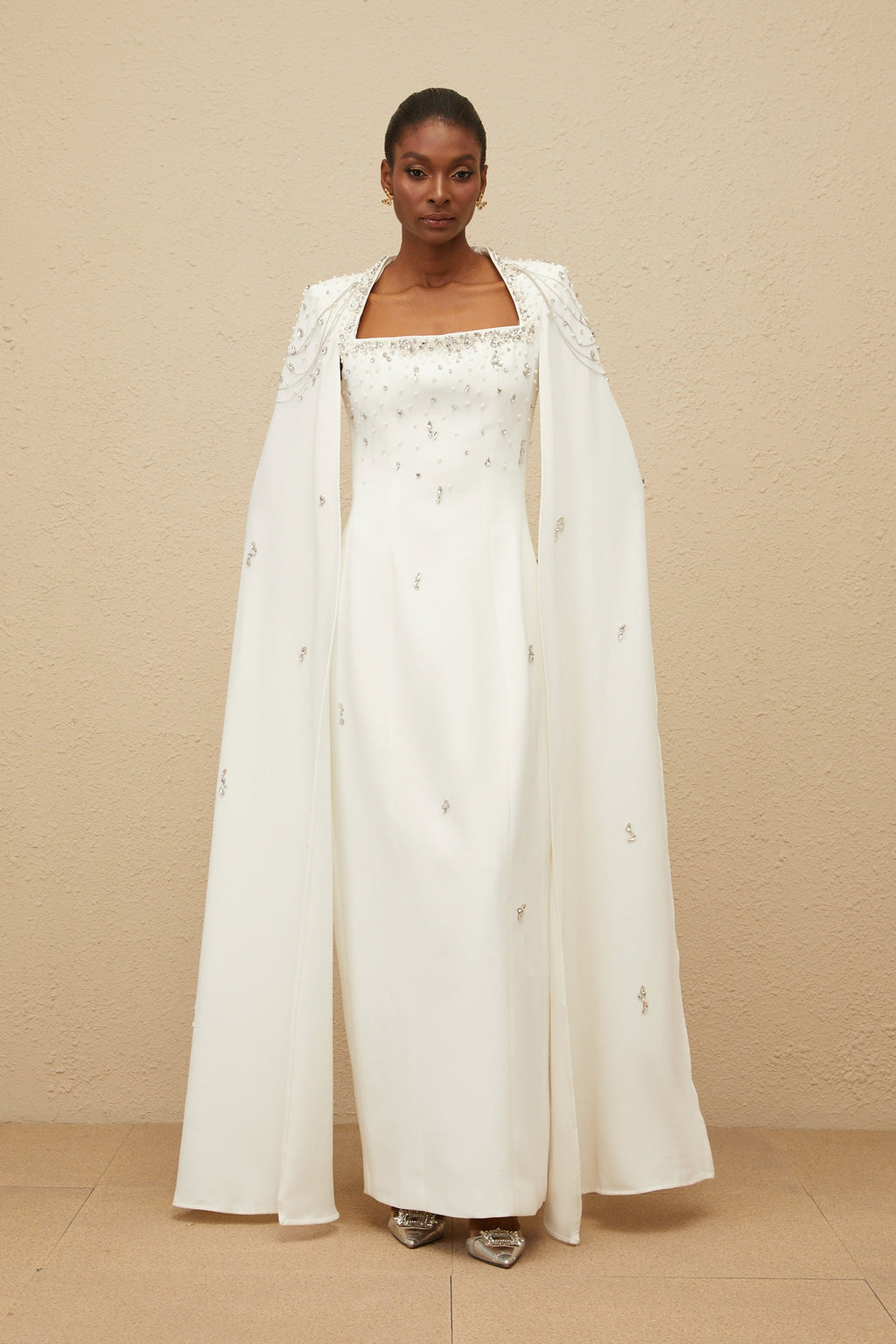 _puré White Embellished Cape Gown