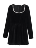 Square Collar Long Sleeve Diamond Velvet Mini&Short Dresses