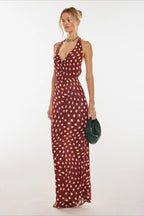Red Halter Cowl Neck Dropped Waist Gathered Polka Dot Maxi Dress