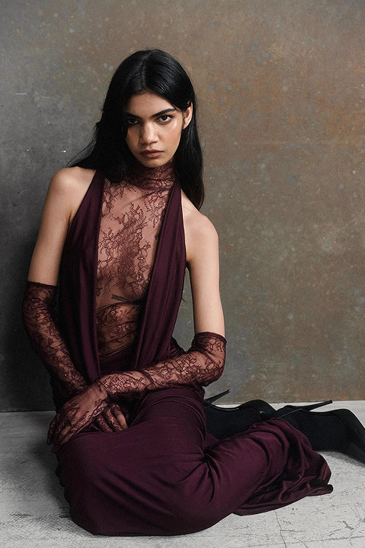High Neck Lace Illusion Panel Halter Draped Maxi Formal Gown