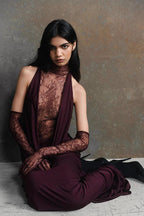 High Neck Lace Illusion Panel Halter Draped Maxi Formal Gown