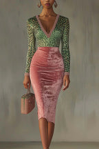 Fashionable Velvet Patchwork Stretch Slim Midi Dress