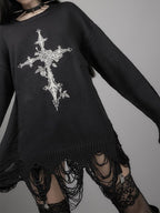 Cross Print Cutout Tattered Design Sweater