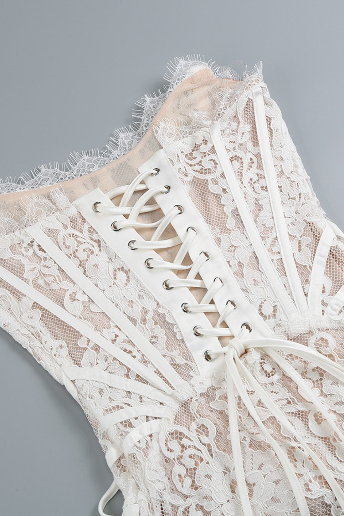 Strapless Lace Corset Sheer Panel Mini Dress