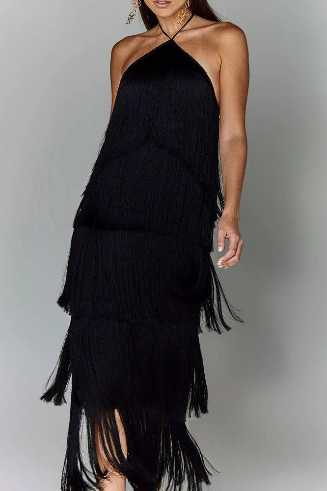 Halter Neck Tiered Fringe Midi Dress