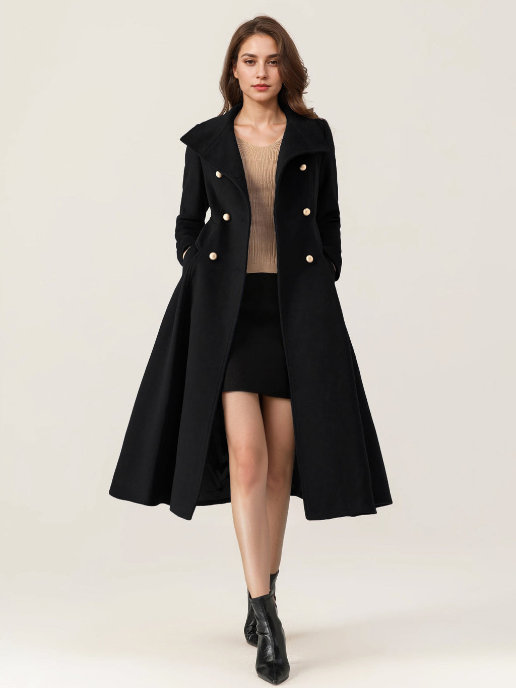 Woolen Flared Coat For Woman Stand Collar Dark Navy Vintage Double-breasted Winter Midi Outerwear 2026