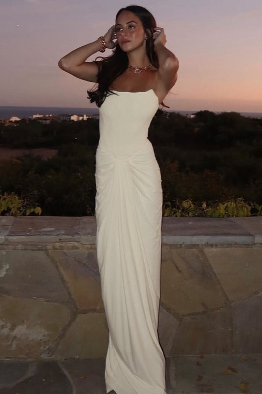 Strapless Knot Waist Ruched Floor Length Column Gown