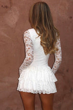 Floral Lace Crew Neck Buttoned Keyhole Cut Out Tiered Ruffle Mini Dress