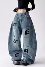 Relaxed Fit Letter Print Draping Curved Leg Jeans